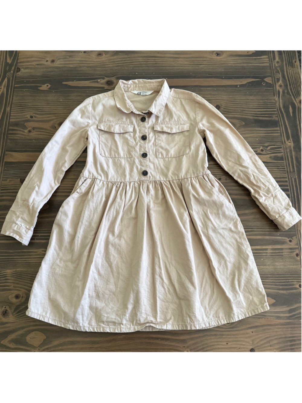 H&M Shirt Dress Girls 7 Beige Long Sleeve Button Front Cotton Dress